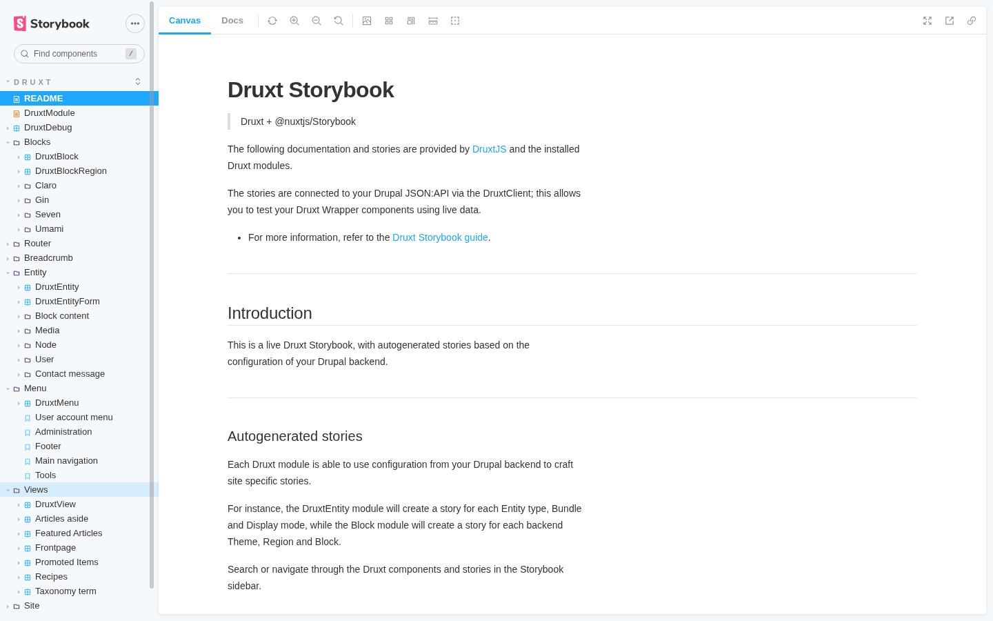 The Storybook sidebar with generated groups for Blocks, Entity, Menu and Views, each expanded to show components and stories built from the backend